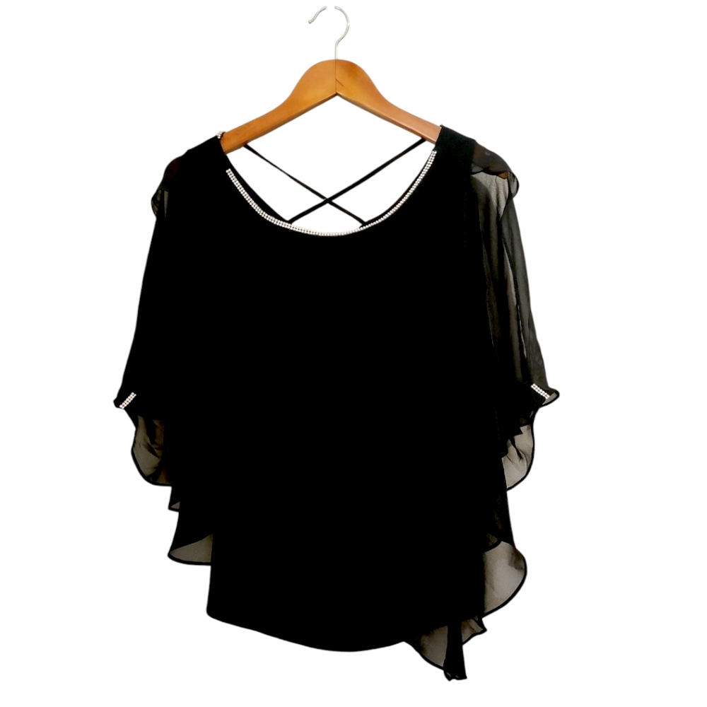 Chaus Rhinestone Embellished Criss Cross Back Butterfly Blouse